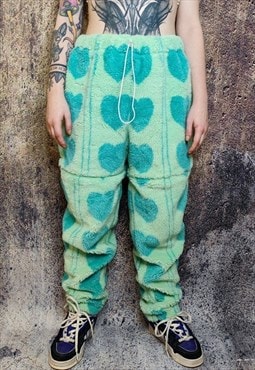 Heart fleece joggers detachable fluffy festival pants green