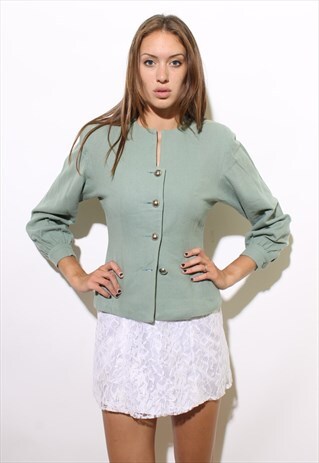 VINTAGE 1950'S 50'S CELADON GREEN WOOL FITTED JACKET XS-S