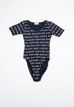 Vintage 90s City Print Boat Neckline Navy Blue BodySuit S