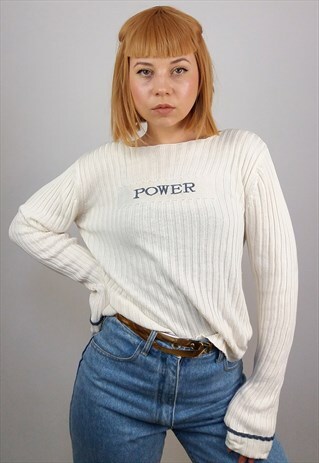 VINTAGE 90'S 'POWER' LOGO RIBBED SOFT KNIT TOP / JUMPER
