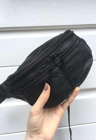 UNISEX VINTAGE BLACK LEATHER FESTIVAL BOHO BUMBAG HAND BAG