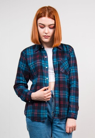 VINTAGE 90'S BLUE GRUNGE CHECK FLANNEL SHIRT