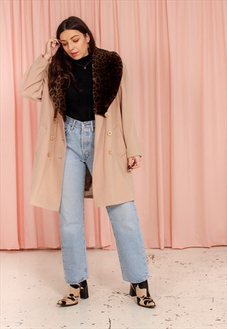 VINTAGE 80S CAMEL WOOL JACKET WITH LEOPARD PRINT COLLAR
