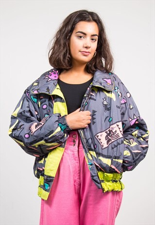 VINTAGE 90'S BRIGHT CRAZY PATTERN GREY SKI PADDED COAT