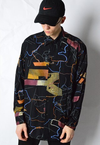VINTAGE 90S BLACK COLOURFUL ABSTRACT LONG SLEEVE SHIRT