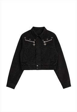 Cropped velvet varsity jacket faux leather studded bomber