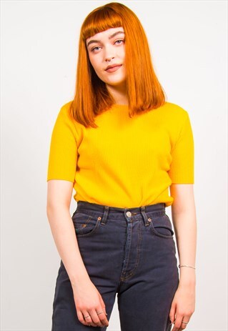 VINTAGE 90'S YELLOW KNIT RIBBED SHORT SLEEVE TOP T-SHIRT