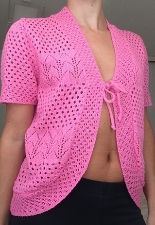 VINTAGE Y2K 90'S/00'S PINK CROCHET TIE FRONT TOP / CARDIGAN