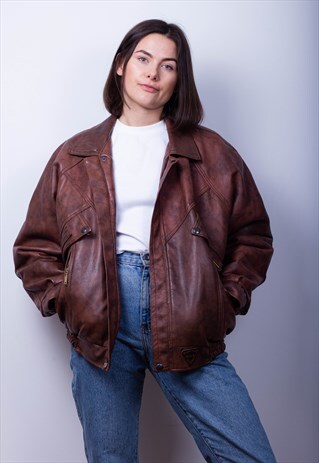 EYE CATCHING BROWN FAUX LEATHER BOMBER JACKET