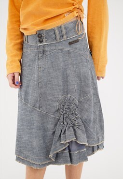 Vintage 2000's Midi Skirt in Grey Denim with Gathered Floral