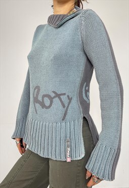 Vintage Y2k Roxy Jumper Knit Sweater Turtle Neck Zip Chunky
