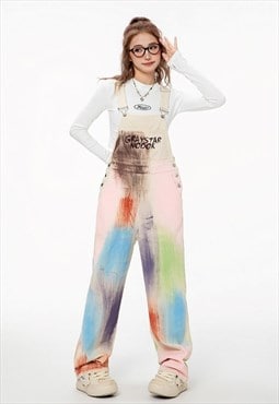 Painted denim dungarees rainbow graffiti jean overalls white