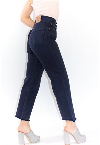 VINTAGE 80'S HIGH WAIST 501 FRAYED HEM BLACK LEVI JEANS