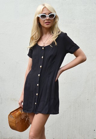 PETITE VINTAGE BLACK BUTTON THROUGH SHORT SLEEVE MINI DRESS