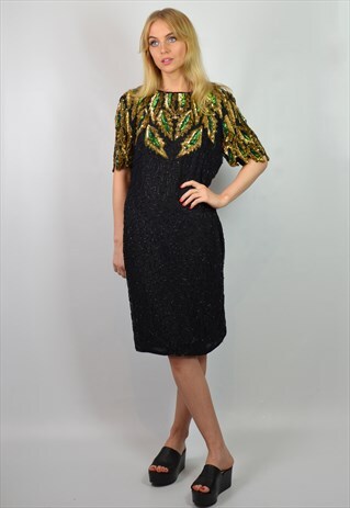 VINTAGE BLACK GOLD & GREEN SEQUIN MIDI PARTY DRESS