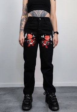 Devil emoji jeans straight fit cartoon print denim pants