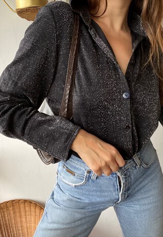 VINTAGE 90S SEXY SPARKLING BLACK BLOUSE SHIRT TOP