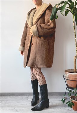 Vintage 90s Winter Brown Oversized Faux Suede Shearling Coat