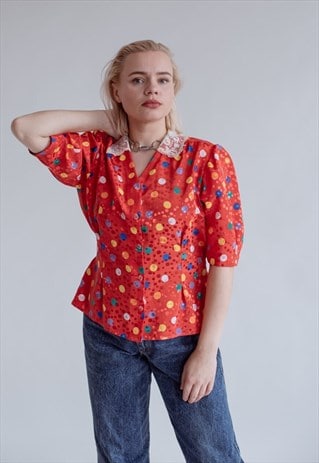 VINTAGE 80S FITTED PUFFY SLEEVE BLOUSE IN MULTI POKA DOT M