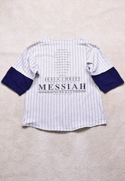 Vintage 90s Religious Striped Grey Baseball Jersey Top