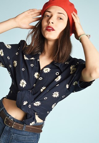90'S RETRO PARIS CHIC MINIMALIST CAMOMILE PRINT BLOUSE TOP