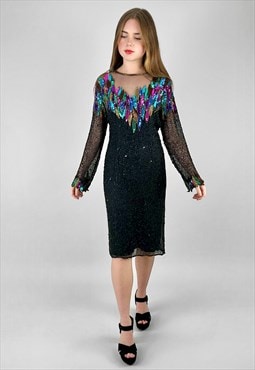 80's Vintage Long Sleeve Sequin Beaded Evening Dress