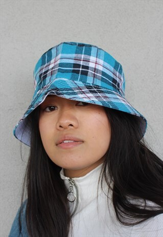 BABY BLUE TARTAN CHECK GINGHAM Y2K_90S BUCKET HAT
