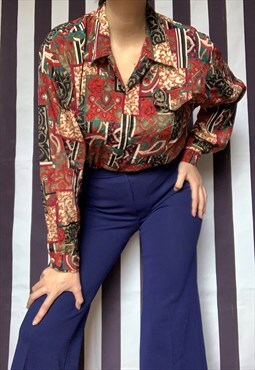 Vintage 80s satin blouse patchwork paisley, long sleeves