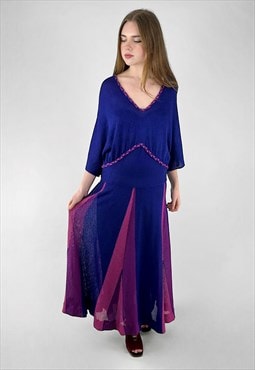 70's Vintage Blue Purple Crochet Drop Waist Midi Dress