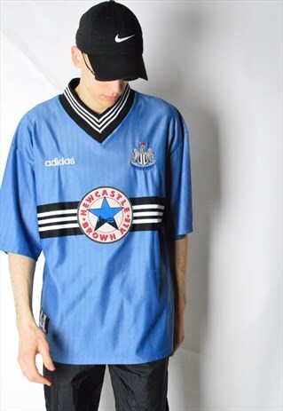 VINTAGE 90S BLUE ADIDAS STRIPED NEWCASTLE FOOTBALL T-SHIRT