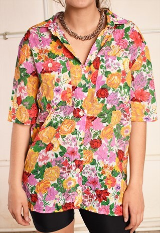 90'S RETRO FLORAL PRINT FESTIVAL BLOUSE TOP