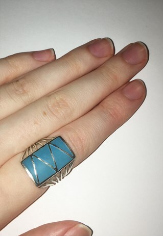 WOMENS VINTAGE RING AZTEC BLUE TURQUOISE 925 SILVER RING