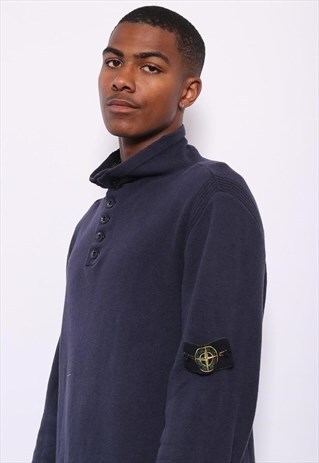 VINTAGE STONE ISLAND BUTTON NECK JUMPER NAVY BLUE
