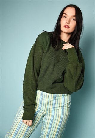 VINTAGE 80S RETRO MILITARY CARGO KNIT JUMPER IN GREEN