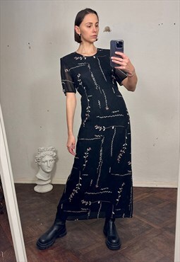 Vintage Black Chiffon Short Sleeve Maxi Dress