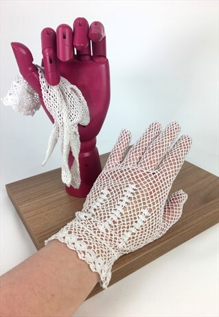 50'S VINTAGE SHORT NET GLOVES - VINES - WHITE/CREAM