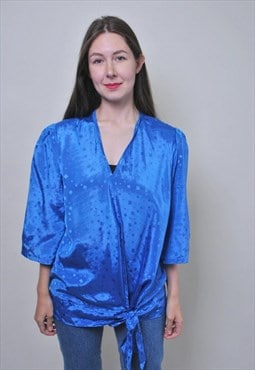 Vintage deep v blouse, blue cocktail blouse puff sleeve