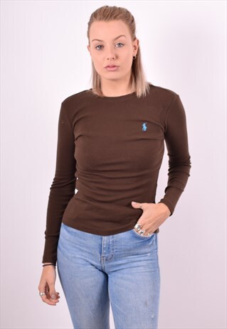 RALPH LAUREN WOMENS VINTAGE TOP LONG SLEEVE XS BROWN 90S