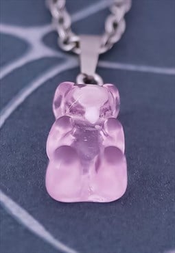 CRW Silver Pink Resin Gummy Bear Necklace 
