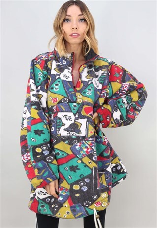 VINTAGE 90S OVERSIZED 1/4 ZIP MULTI COLOUR PATTERNED FLEECE