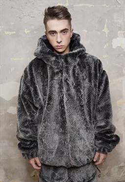 Python fleece bomber faux fur detachable snake jacket grey