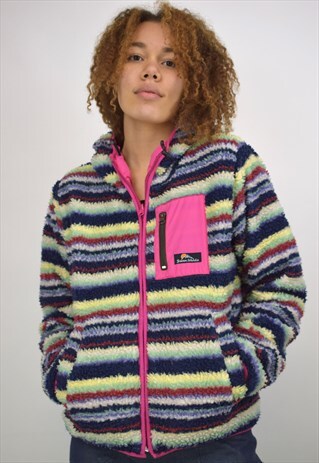 VINTAGE 90S PINK MULTI STRIPE FLEECE REVERSIBLE JACKET