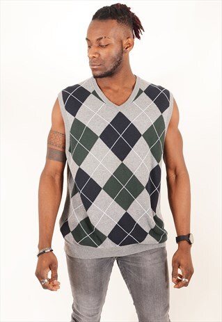 VINTAGE RALPH LAUREN CHAPS ARGYLE SLEEVELESS JUMPER GREY