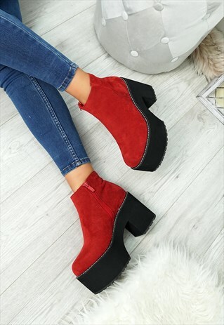 WOMENS RED ZIP ANKLE BOOTS BLOCK HEEL PLATFORM SHOES