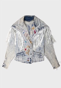 Blue stonewash '80s oversized fringed jewels denim jacket