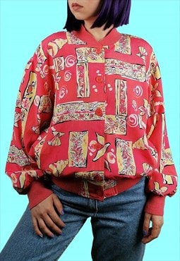 KORET 90's Pattern Silky Bomber Jacket Retro Print Pink