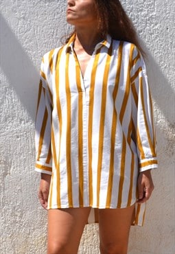 Vintage white/ocher jacquard striped long collar shirt