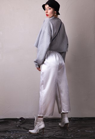 VINTAGE WHITE SATIN HIGH WAIST TROUSERS / PANTS / CULOTTES