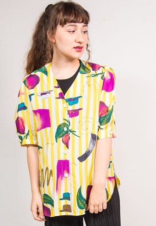 90'S YELLOW STRIPED HAT PRINT COLLARLESS BLOUSE SHIRT