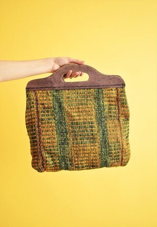 70'S RETRO BOHO STRIPED WOVEN TOTE BAG WITH WOODEN HANDLES